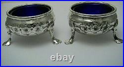 2 STERLING SILVER SALT CELLARS COBALT GLASS LINERS Baldwin & Miller c1950s Rare