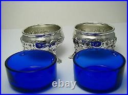 2 STERLING SILVER SALT CELLARS COBALT GLASS LINERS Baldwin & Miller c1950s Rare