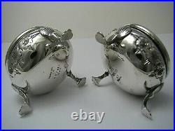 2 STERLING SILVER SALT CELLARS COBALT GLASS LINERS Baldwin & Miller c1950s Rare