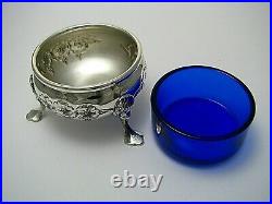 2 STERLING SILVER SALT CELLARS COBALT GLASS LINERS Baldwin & Miller c1950s Rare