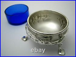 2 STERLING SILVER SALT CELLARS COBALT GLASS LINERS Baldwin & Miller c1950s Rare