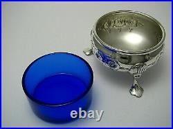 2 STERLING SILVER SALT CELLARS COBALT GLASS LINERS Baldwin & Miller c1950s Rare