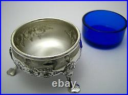 2 STERLING SILVER SALT CELLARS COBALT GLASS LINERS Baldwin & Miller c1950s Rare