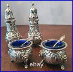 2 Sets Sterling Salt Cellars withCobalt Liners & Matching Sugar Shakers Casters