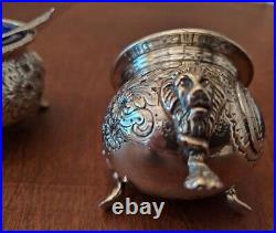 2 Sets Sterling Salt Cellars withCobalt Liners & Matching Sugar Shakers Casters