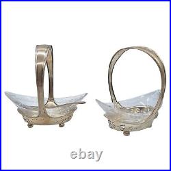 2 Sterling Silver & Cut Crystal Antique Art Nouveau Basket Salt Cellar Dishes