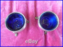 2 Sterling Silver Footed Salts With Cobalt Blue Inserts Hallmarked 3.5 Troy Oz