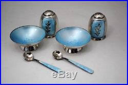 2 Sterling Silver Light Blue Guilloche Enamel VB Denmark Salt Cellars & Shakers