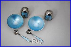 2 Sterling Silver Light Blue Guilloche Enamel VB Denmark Salt Cellars & Shakers