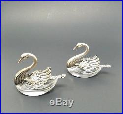 2 Swan Salt Cellars Sterling Silver & Crystal with Spoons Hinged Wings Cut Glass