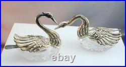 2 Vin Crystal & Sterling Figural Swan Open Salts Moving Wings Unusual Shape