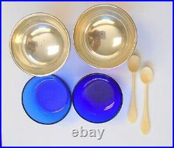 2 Vint Genova Sterling Silver 1807 Salt Cellar Cobalt Blue Glass Inserts Spoons