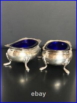2 Vintage Fisher 925 Sterling Silver Salt Cellars With Cobalt Blue Glass Inserts