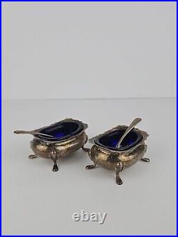 2 Vintage Fisher Sterling Silver Footed Salt Cellars with Cobalt Blue Glass