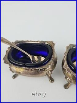 2 Vintage Fisher Sterling Silver Footed Salt Cellars with Cobalt Blue Glass