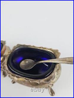 2 Vintage Fisher Sterling Silver Footed Salt Cellars with Cobalt Blue Glass