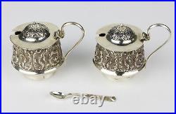 (2) Vintage Sterling Silver Lidded Repousse Pattern Salt Cellars, 1 Spoon