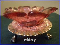 2 pc. Cranberry w Rigaree Salt Dip Cellar Victorian Glass Signed Silver Stand
