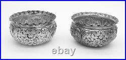 2 x Antique Victorian Sterling Silver Open Salt Cellar, Repousse Floral Bowls