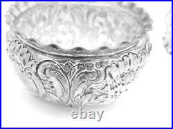 2 x Antique Victorian Sterling Silver Open Salt Cellar, Repousse Floral Bowls