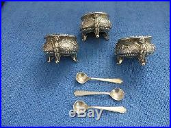 3 Antique German 800 Silver Gold Wash Salt Cellar Set Griffin Lion With925 Spoons