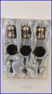 3 Antique STERLING Silver SALT CELLARS AMETHYST Glass Liners SPOON PEPPER Shaker