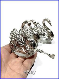 3 Antique Vintage Sterling Silver Crystal Germany Swan Salt Cellars With Spoons