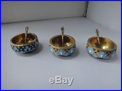 3 RUSSIAN SOLID 916 SILVER ENAMEL SALT CELLARS SPOONS BEAUTIFUL