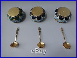 3 RUSSIAN SOLID 916 SILVER ENAMEL SALT CELLARS SPOONS BEAUTIFUL