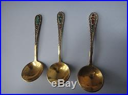 3 Russian Solid 916 Silver Enamel Salt Cellars Spoons Beautiful