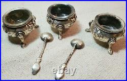 3 Sterling Robert Harper London 1859-82 Salt Cauldron Cellars Glass 2 spoons