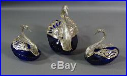 3 Vintage Swan Family Silver Cobalt Blue Crystal Glass Mustard Pot Salt Cellars