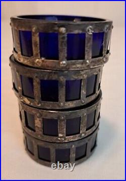 4 Antique Webster Filigree Sterling Salt Cellar with Cobalt Blue Glass Liner