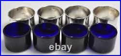 4 English William Suckling Sterling Silver Salt Cellars withCobalt Glass /& Spoons