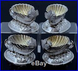 4 Fabulous Victorian Silver Plate Dolphin Shell Figural Open Salt Cellar Bowls