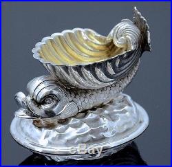 4 Fabulous Victorian Silver Plate Dolphin Shell Figural Open Salt Cellar Bowls