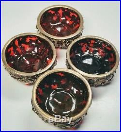 4 Gorham and Whiting Ruby Glass and Heavy Sterling Silver Overlay Master Salts