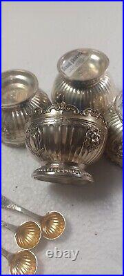4 RARE Pair silver open salt cellars with cobalt glass liners made in japan
