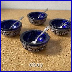 4 Webster Sterling Silver Salt Cellars Cobalt Blue Glass Liner with Spoons