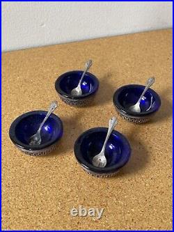 4 Webster Sterling Silver Salt Cellars Cobalt Blue Glass Liner with Spoons