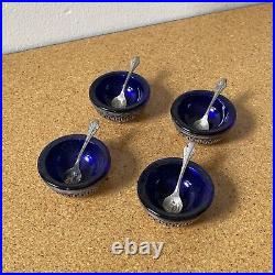 4 Webster Sterling Silver Salt Cellars Cobalt Blue Glass Liner with Spoons