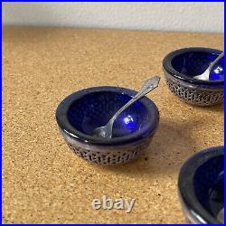 4 Webster Sterling Silver Salt Cellars Cobalt Blue Glass Liner with Spoons