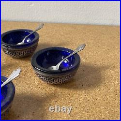 4 Webster Sterling Silver Salt Cellars Cobalt Blue Glass Liner with Spoons