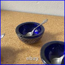 4 Webster Sterling Silver Salt Cellars Cobalt Blue Glass Liner with Spoons