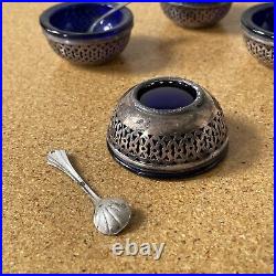 4 Webster Sterling Silver Salt Cellars Cobalt Blue Glass Liner with Spoons