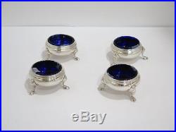 4 piece Sterling Silver Blue Glass Shrubsole Antique Round Salt Cellar Set
