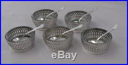 5 WHITING Sterling Silver Reticulated Salt Spoons & Cellars With Glass Inserts