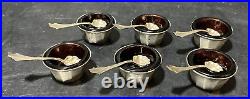 6 ANTIQUE STERLING SILVER OPEN SALT DIP CELLARS With PURPLE GLASS INSERTS & SPOONS