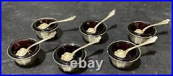 6 ANTIQUE STERLING SILVER OPEN SALT DIP CELLARS With PURPLE GLASS INSERTS & SPOONS