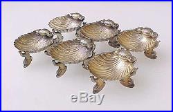6 Antique English George Unite Sterling Shell Dolphin Footed Salt Cellars 1894
